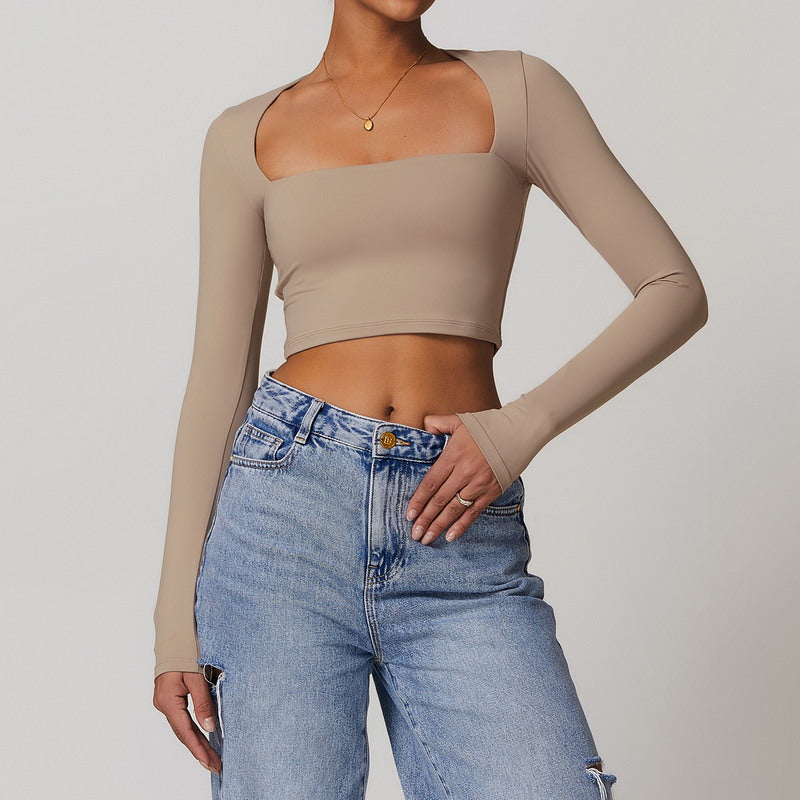 Active Solid  Square Neck Long Sleeve Casual Crop Top