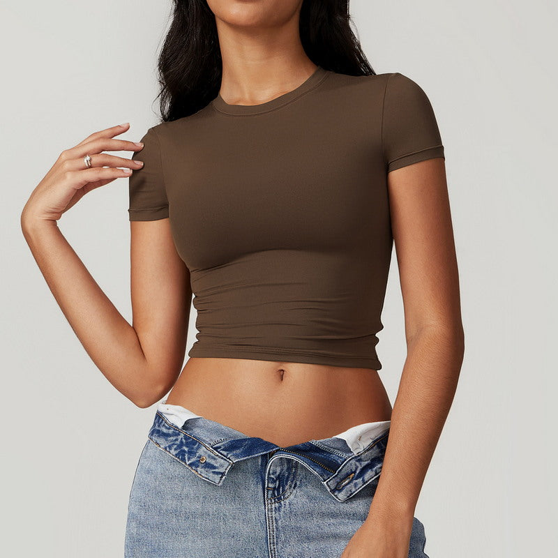 Modern Active Solid Crew Neck Short Sleeve Casual Crop Top