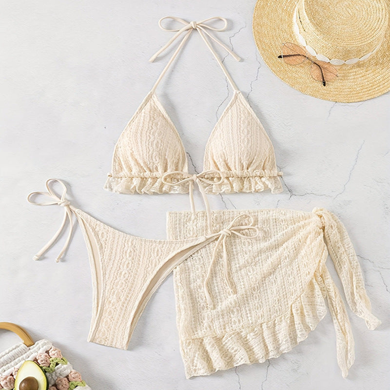 3-Piece Lace Bikini Set with Ruffle Trim