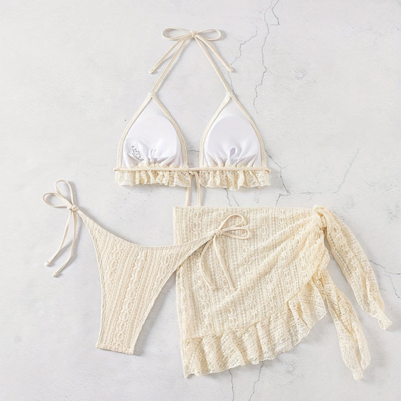 3-Piece Lace Bikini Set with Ruffle Trim