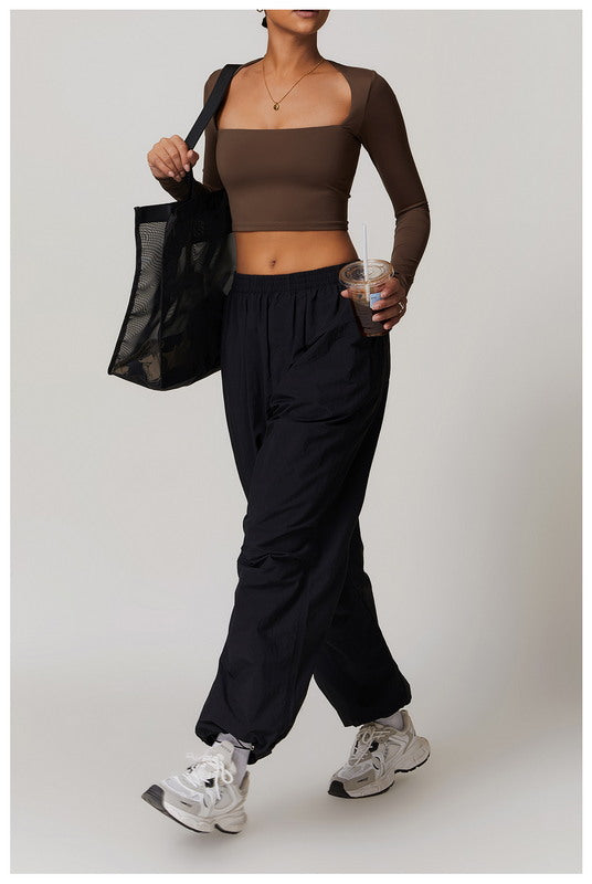 Active Solid  Square Neck Long Sleeve Casual Crop Top