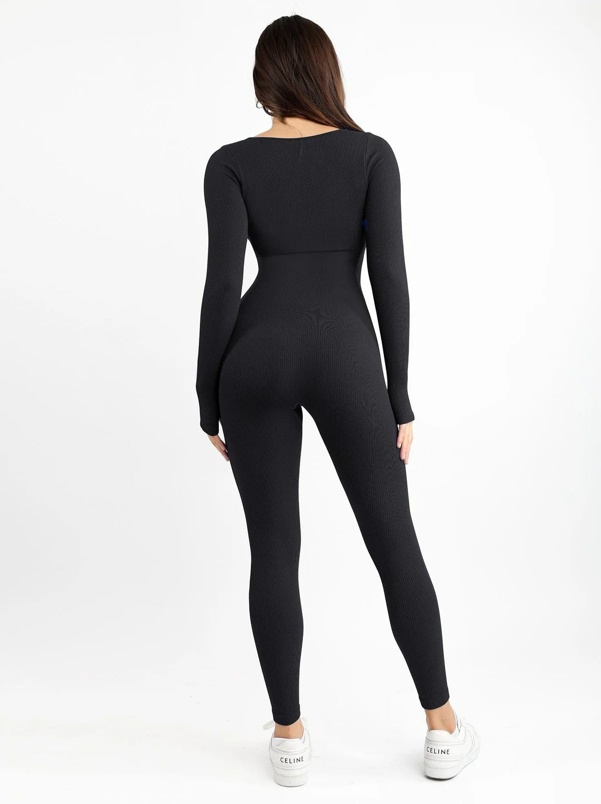 Seamless Thumb Hole Square Neck Long Sleeve Jumpsuit