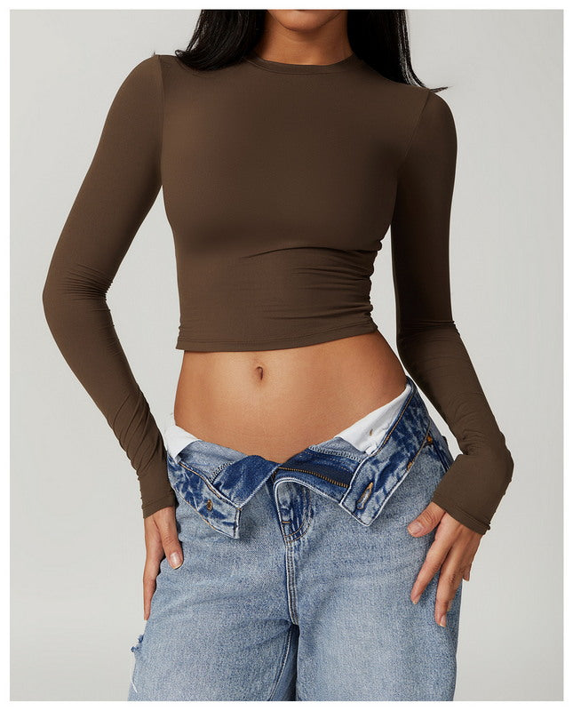 Modern Active Solid Crew Neck Long Sleeve Casual Crop Top