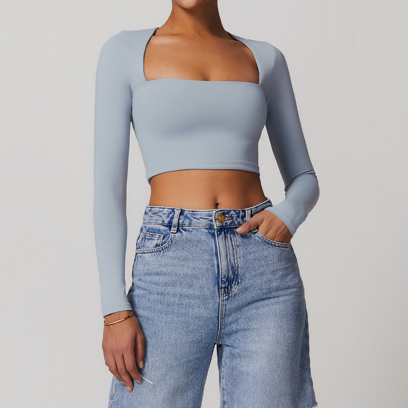 Active Solid  Square Neck Long Sleeve Casual Crop Top