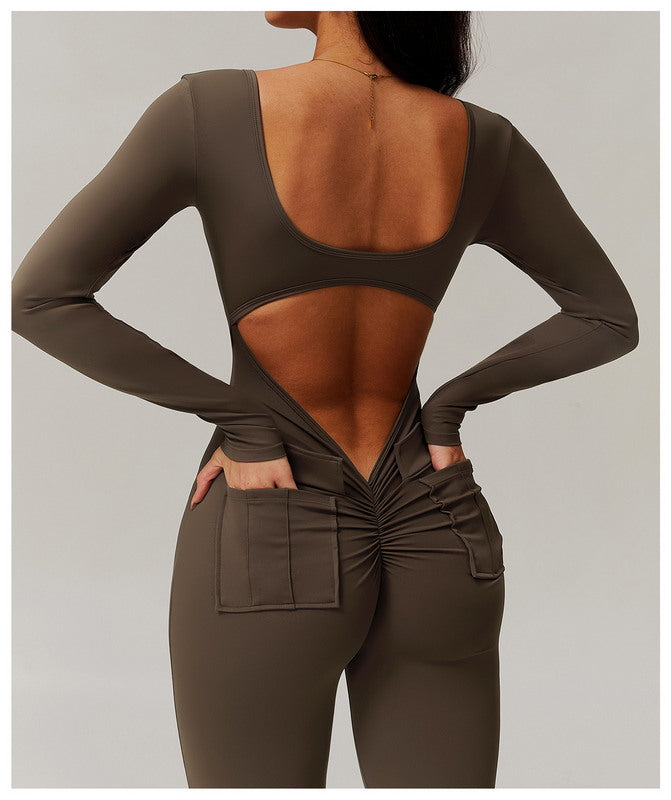 V-Scrunched Back Long Sleeve One-Piece Suit