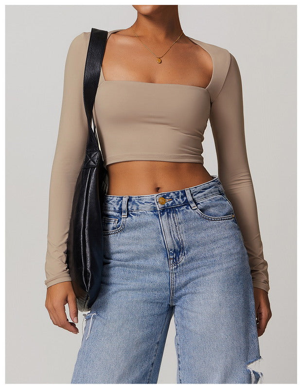 Active Solid  Square Neck Long Sleeve Casual Crop Top