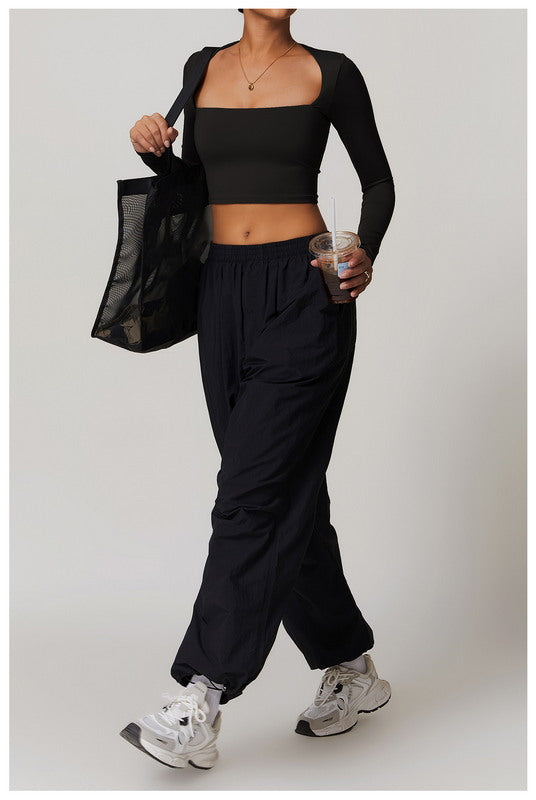 Active Solid  Square Neck Long Sleeve Casual Crop Top