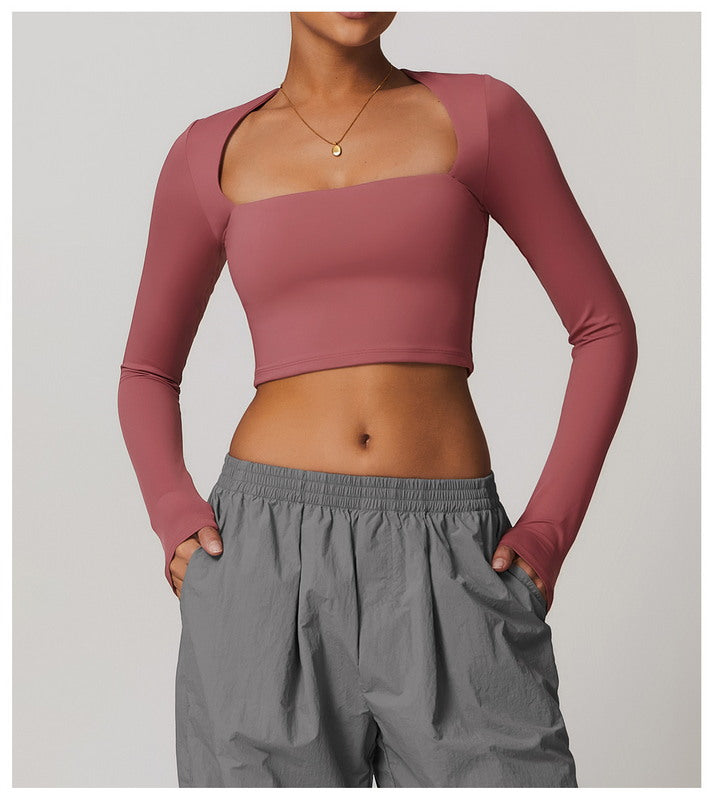 Active Solid  Square Neck Long Sleeve Casual Crop Top