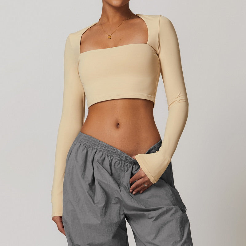 Active Solid  Square Neck Long Sleeve Casual Crop Top