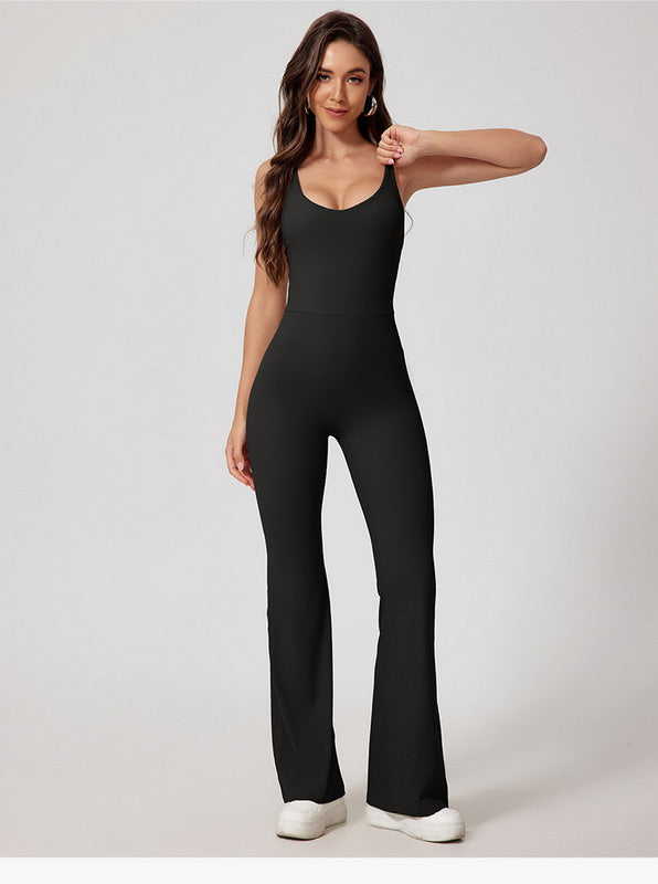 One-Piece Bodysuit Sport Wear with Flare Leg and Strappy Back