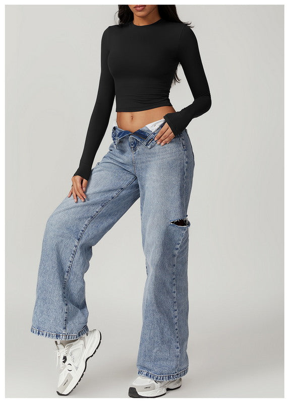 Modern Active Solid Crew Neck Long Sleeve Casual Crop Top