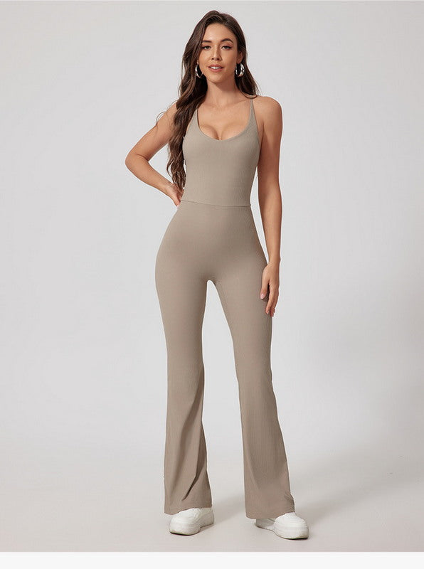 One-Piece Bodysuit Sport Wear with Flare Leg and Strappy Back