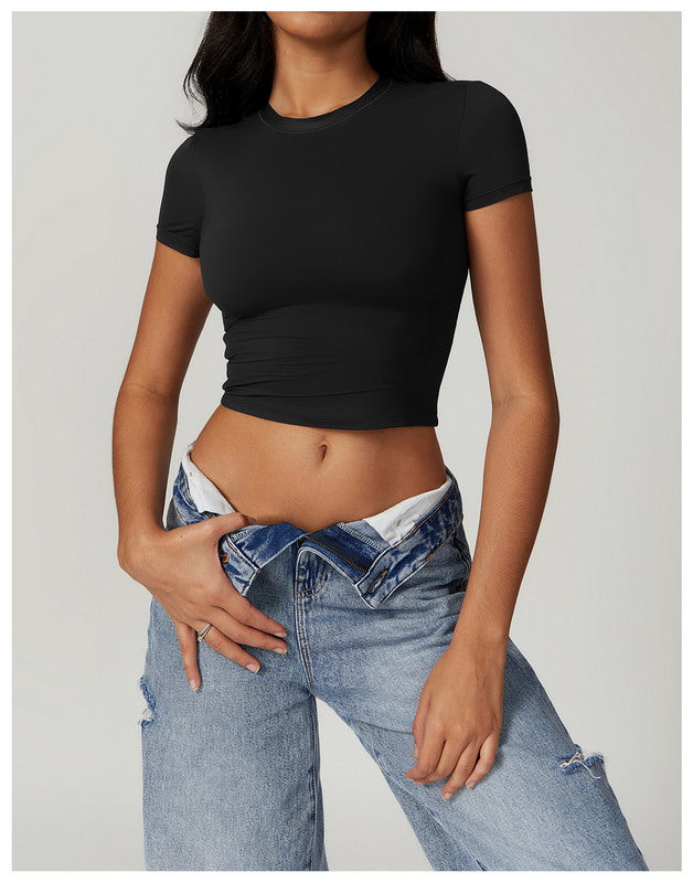 Modern Active Solid Crew Neck Short Sleeve Casual Crop Top