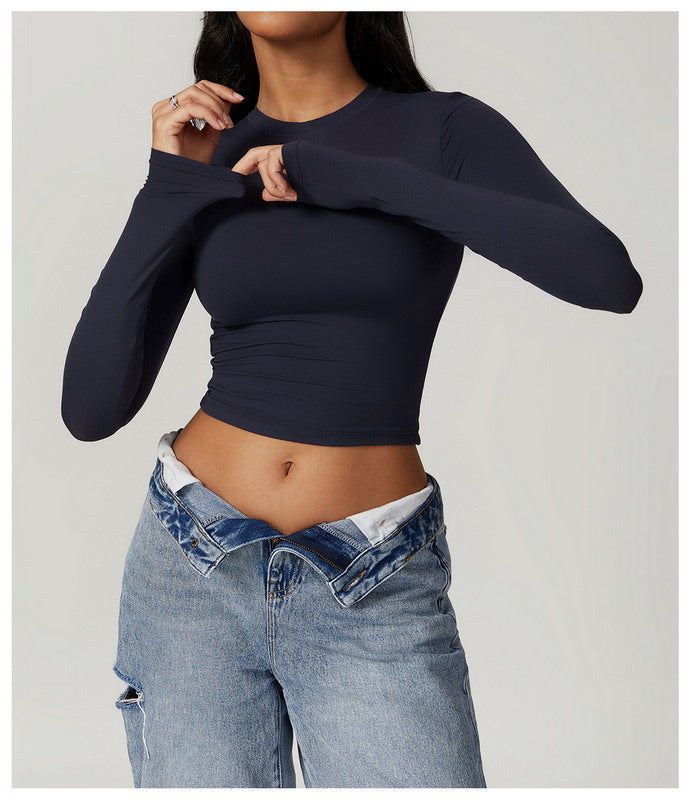 Modern Active Solid Crew Neck Long Sleeve Casual Crop Top