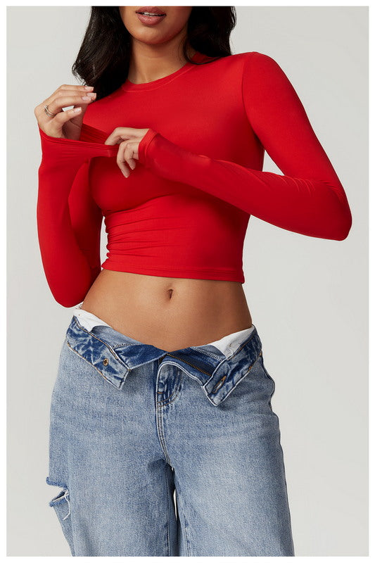 Modern Active Solid Crew Neck Long Sleeve Casual Crop Top