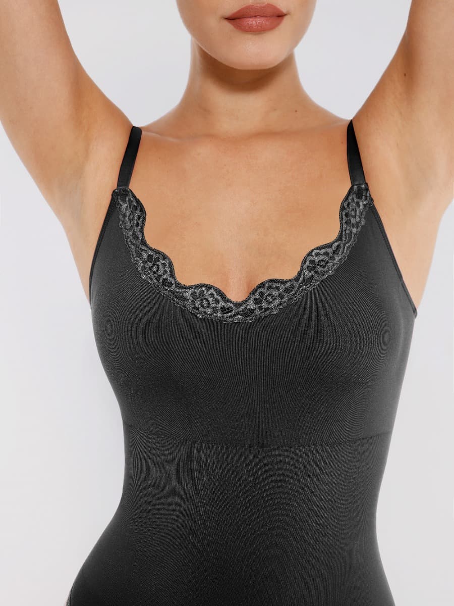 Seamless Lace Trim Waist Shaping Thong Bodysuit