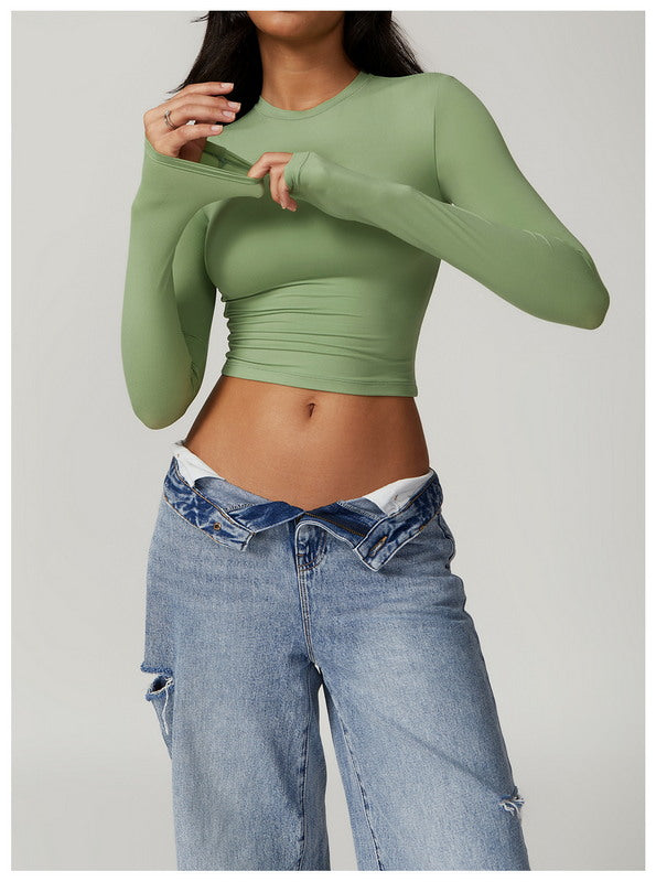 Modern Active Solid Crew Neck Long Sleeve Casual Crop Top