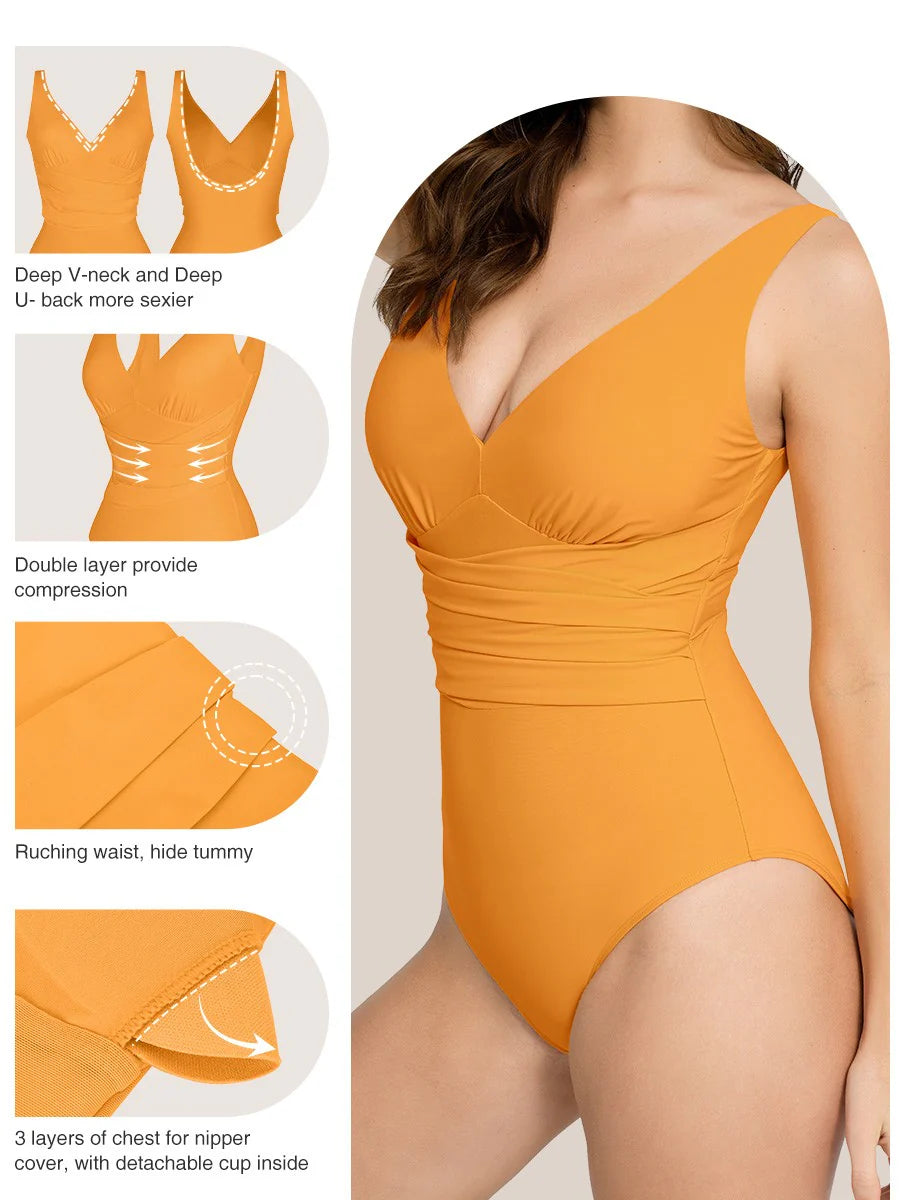 Modern Active One-piece Swimsuit with Built-in Abdominal Elastic Mesh and Removable Cups