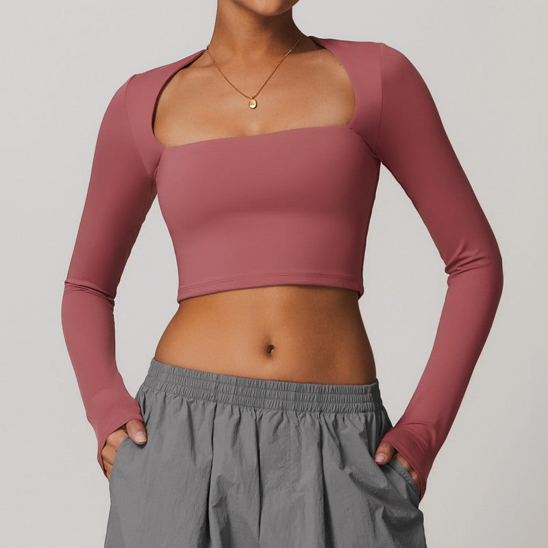 Active Solid  Square Neck Long Sleeve Casual Crop Top