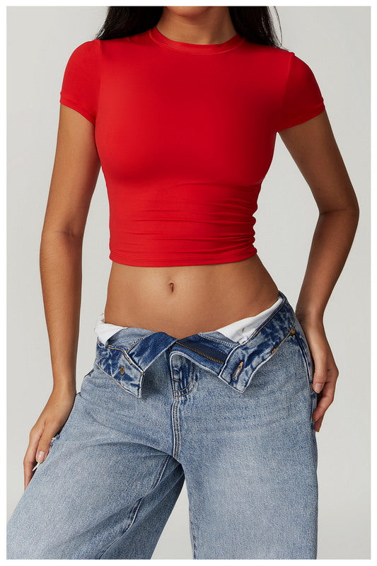 Modern Active Solid Crew Neck Short Sleeve Casual Crop Top