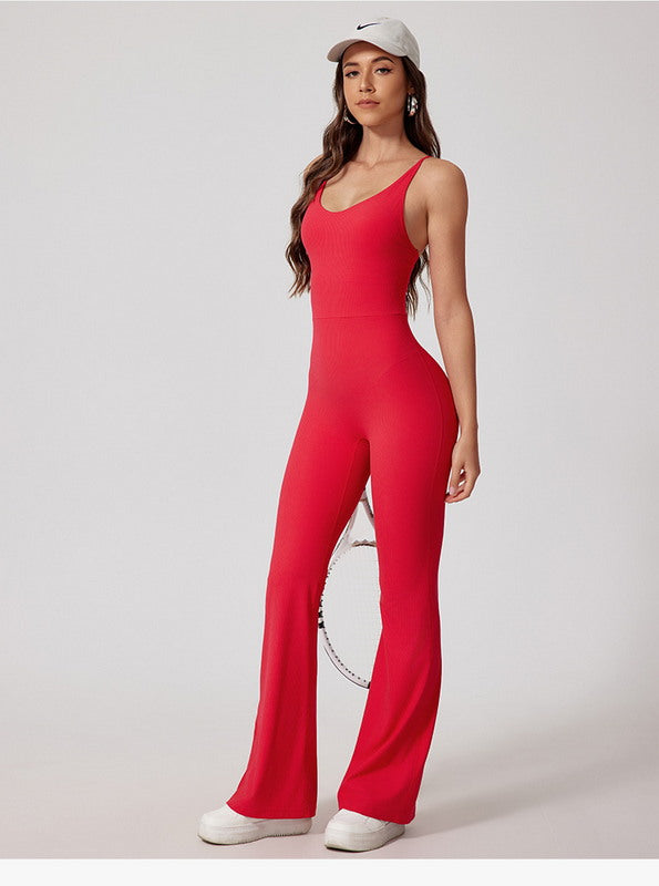 One-Piece Bodysuit Sport Wear with Flare Leg and Strappy Back