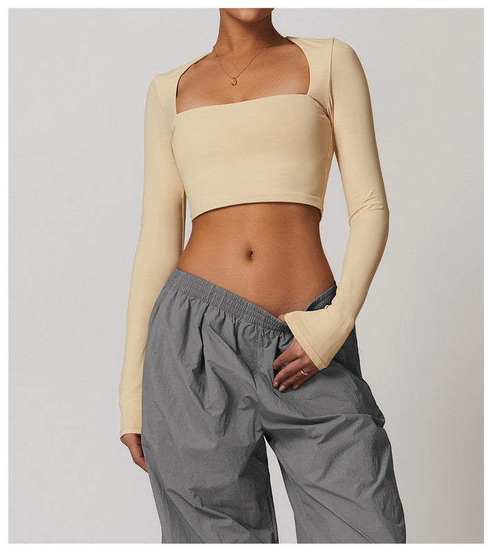 Active Solid  Square Neck Long Sleeve Casual Crop Top