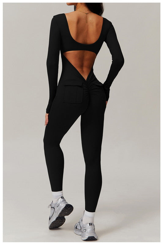 V-Scrunched Back Long Sleeve One-Piece Suit