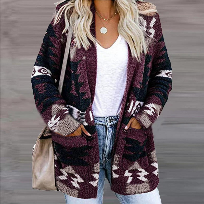 Modern Active Printed Button-Up V-Neck Long Sleeve Cardigan with Pockets