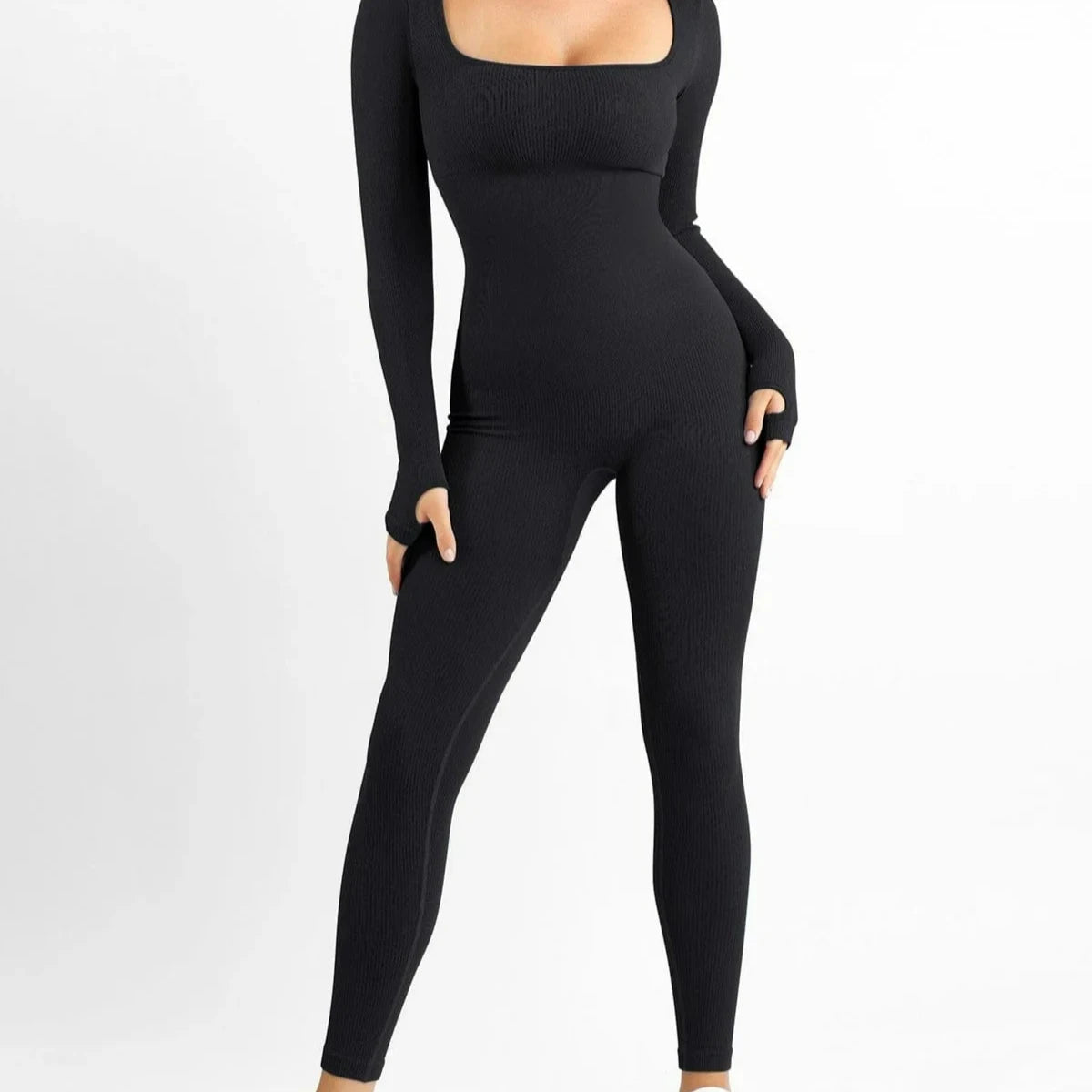 Seamless Thumb Hole Square Neck Long Sleeve Jumpsuit