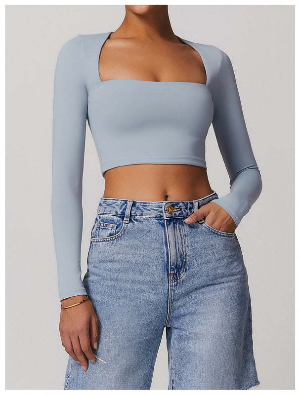 Active Solid  Square Neck Long Sleeve Casual Crop Top