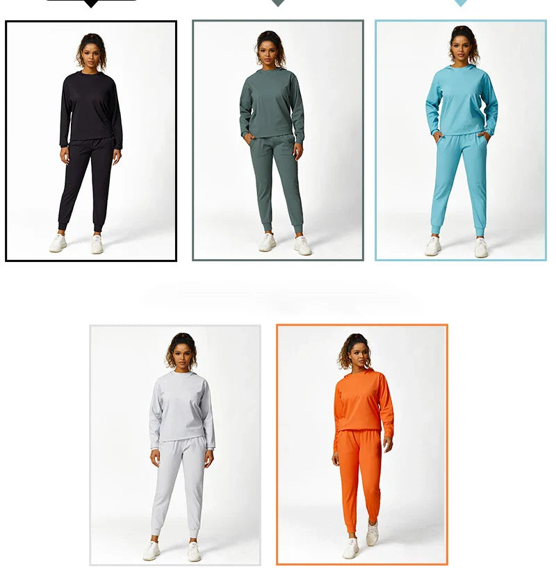 a group of women's and men's sweat suits