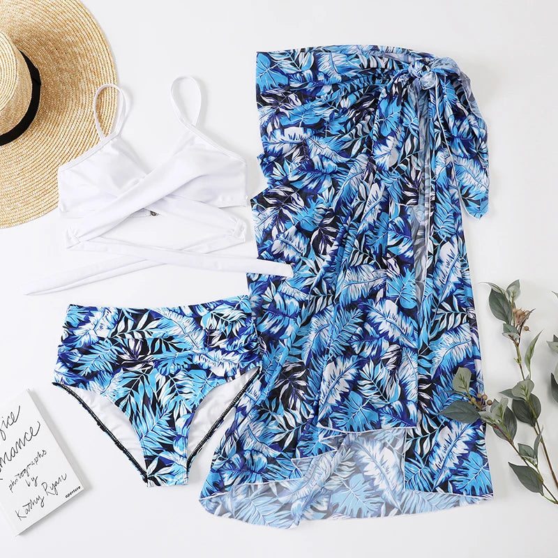 Floral Printed Three-Piece Swimwear Set-Modern Active