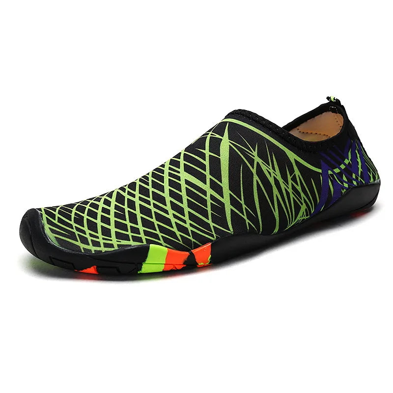 a black and green shoe with neon soles