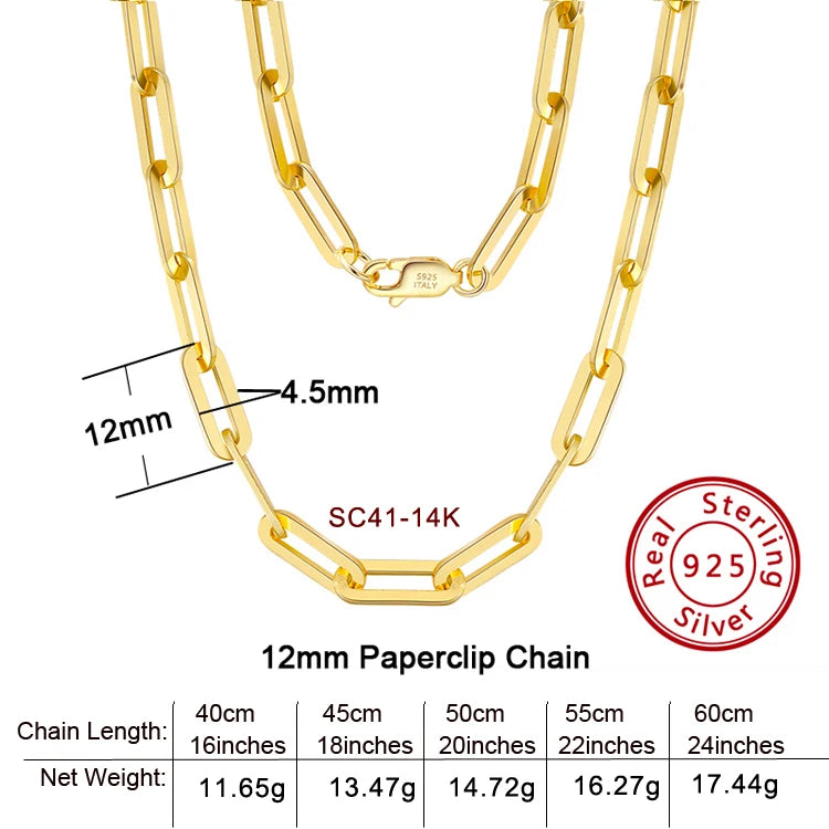 Modern Active Fine Jewelry 14K Gold Plated 925 Sterling Silver Paperclip Chain Link Necklace for Women and Men