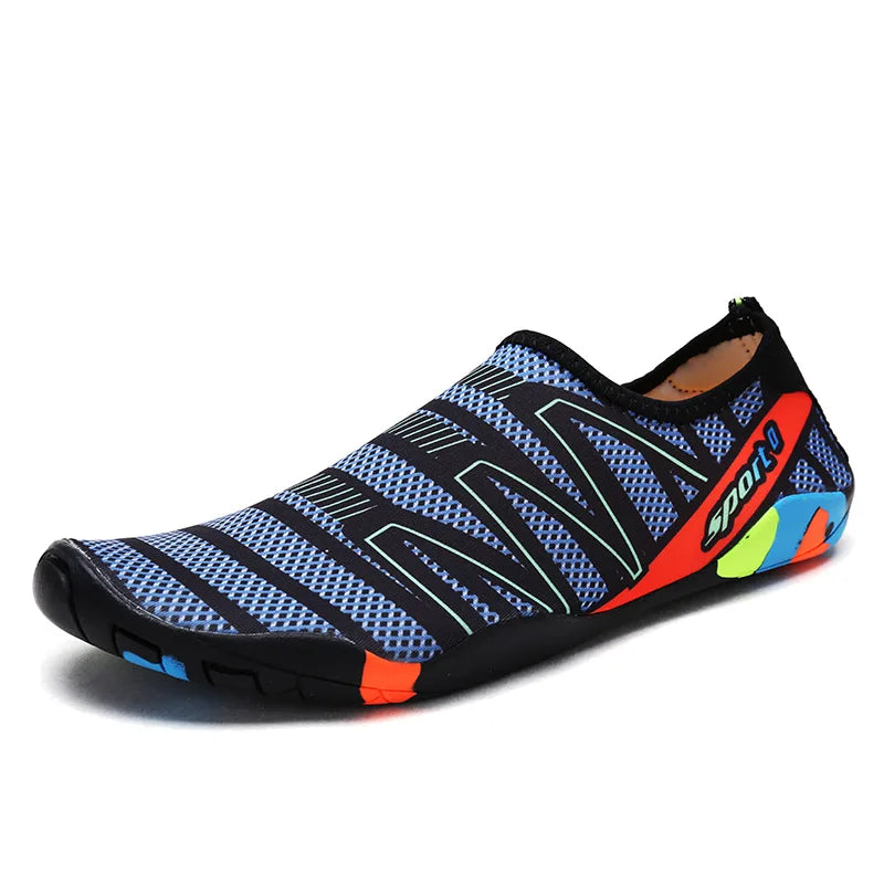 a blue and black shoe with colorful stripes