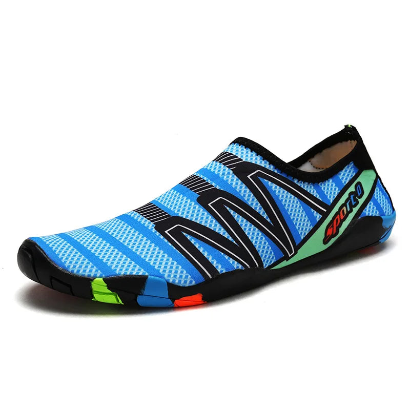 a blue shoe with black and green stripes