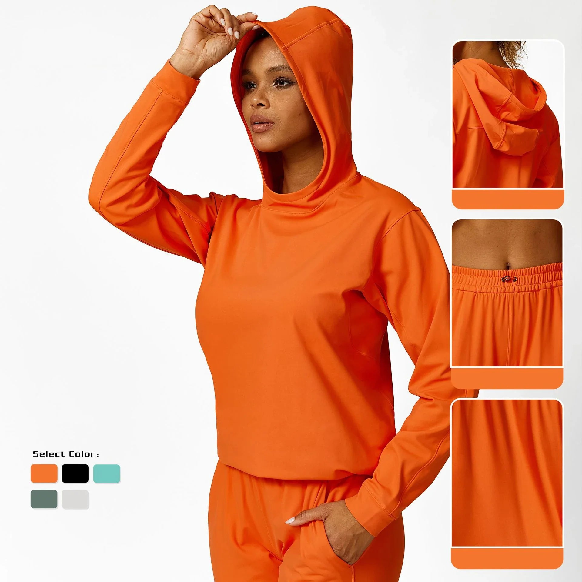 a woman in an orange outfit with a hoodie