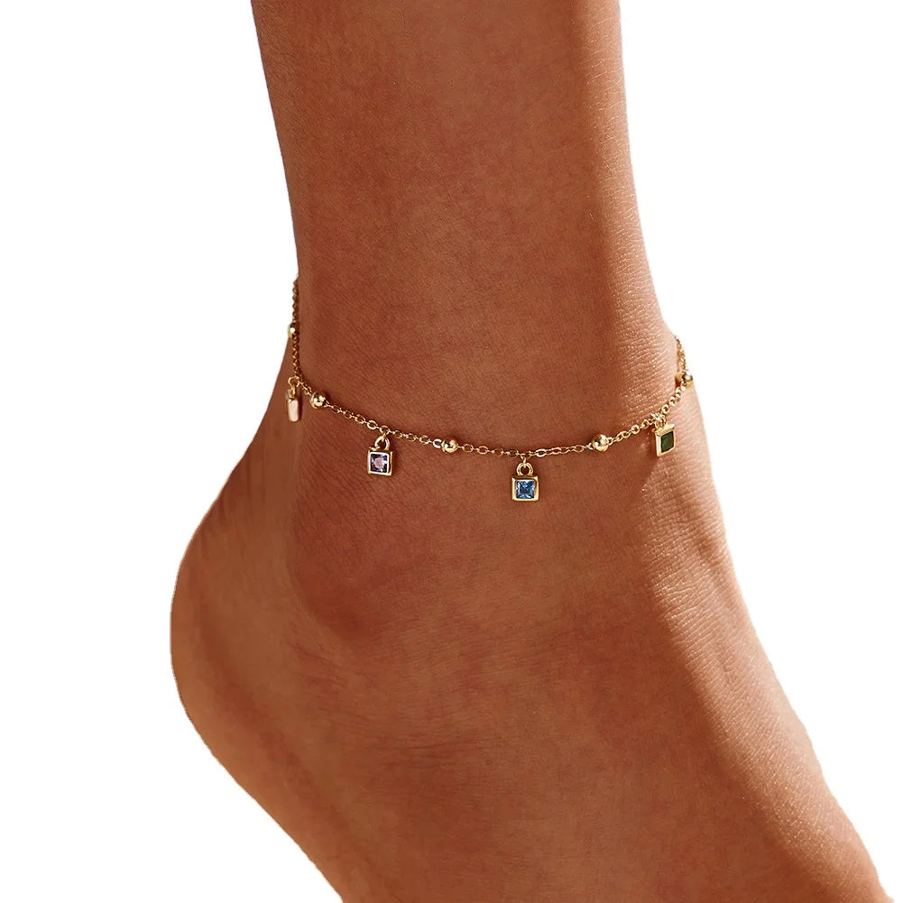 Modern Active Fine Jewelry Princess Cut CZ Charms Anklet