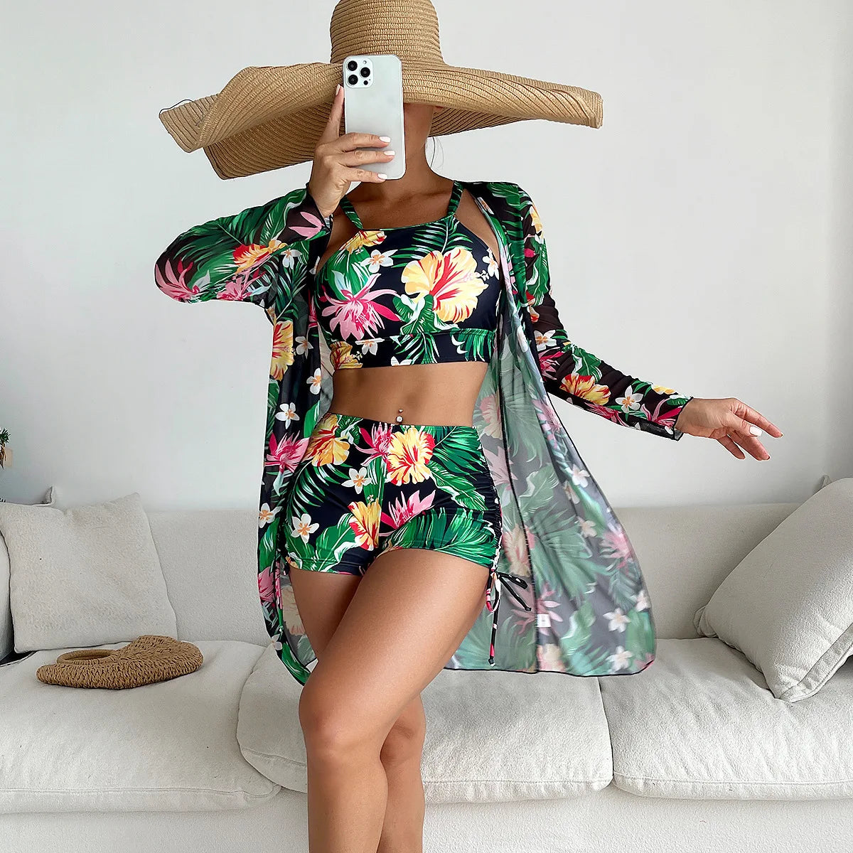 Floral Shorts Swimwear 3-Piece Set with Long Sleeve Cover-All-Modern Active