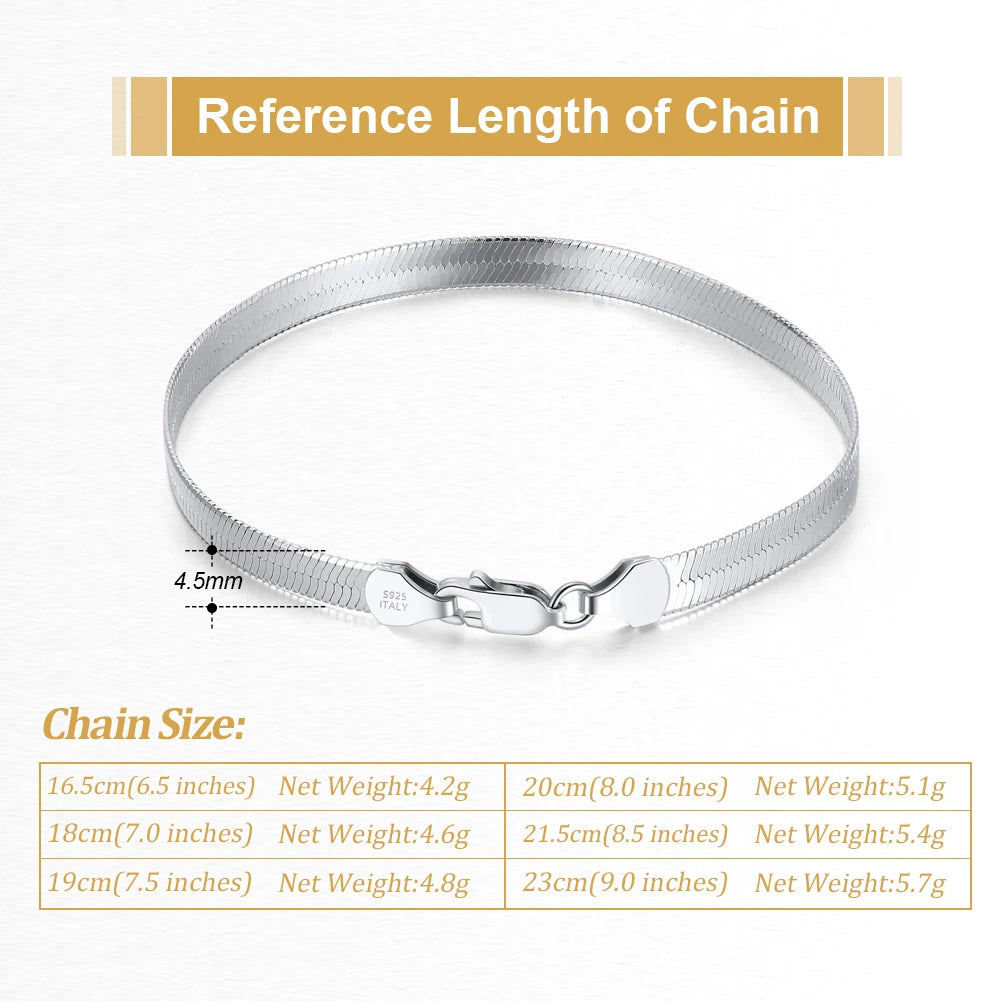 Modern Active Italian Solid 925 Sterling Silver 4.5mm Flexible Flat Herringbone Chain Bracelet
