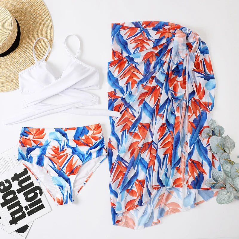 Floral Printed Three-Piece Swimwear Set-Modern Active