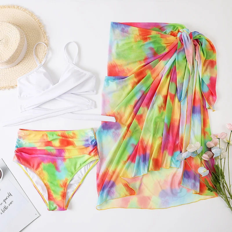 Floral Printed Three-Piece Swimwear Set-Modern Active