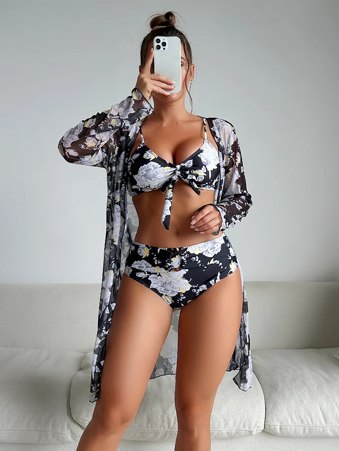 Exotic 3-Piece Tropical Bikini Set with Long Sleeve Cover-Up-Modern Active