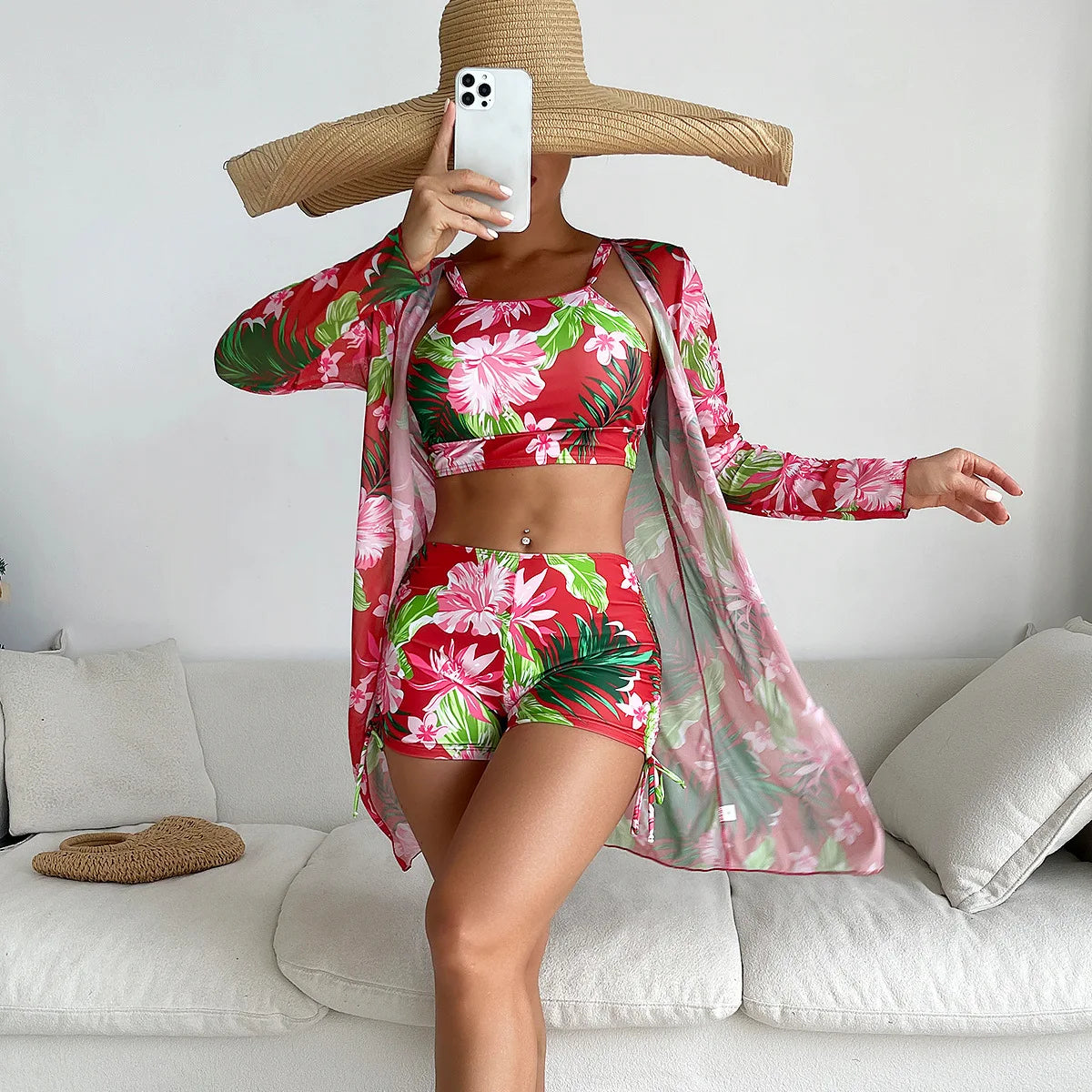 Floral Shorts Swimwear 3-Piece Set with Long Sleeve Cover-All-Modern Active