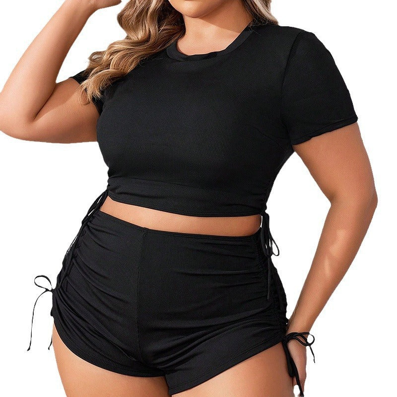 Modern Active 2-Piece  Plus Size Solid Black Boy Shorts Swimwear Set