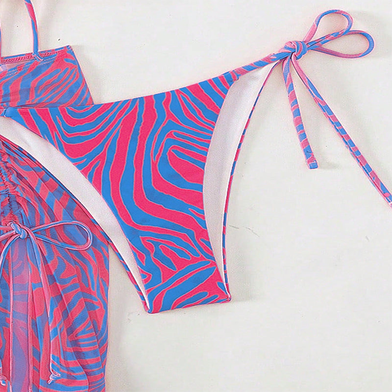 Modern Active Zebra Stripe Halter Bikini Set with Beach Skirt - 3 Piece