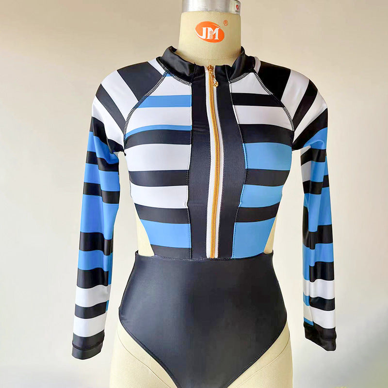 Hollow Out Stripes Long Sleeve One-Piece Bikini-Modern Active