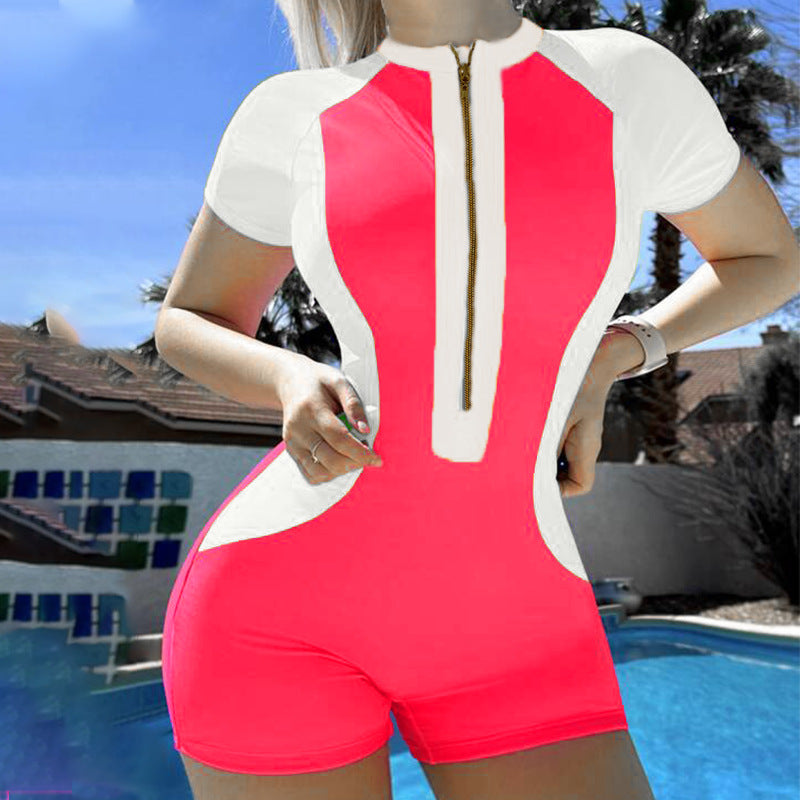 Short Sleeve Patchwork Zip-Up One-Piece Bikini Swimsuit