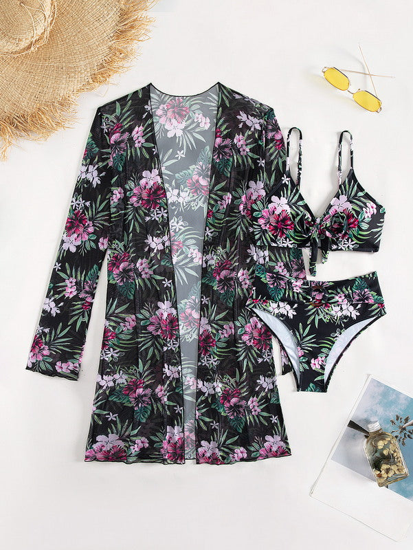 Exotic 3-Piece Tropical Bikini Set with Long Sleeve Cover-Up-Modern Active