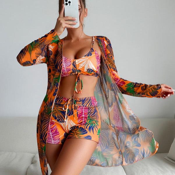 Floral Shorts Swimwear 3-Piece Set with Long Sleeve Cover-All-Modern Active